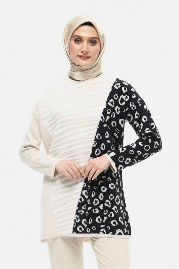 SETRMS BEJ Leopar ve Zebra Desenli Triko Tunik 251735024 - 1