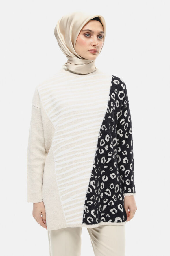 SETRMS BEJ Leopar ve Zebra Desenli Triko Tunik 251735024 - 2