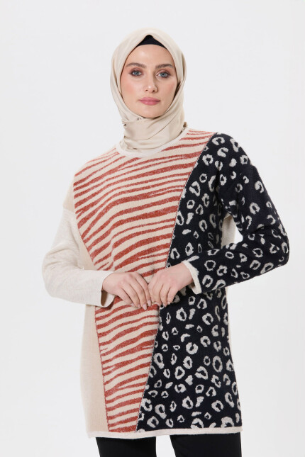 SETRMS BEJ - TABA Leopar ve Zebra Desenli Triko Tunik 251735024 