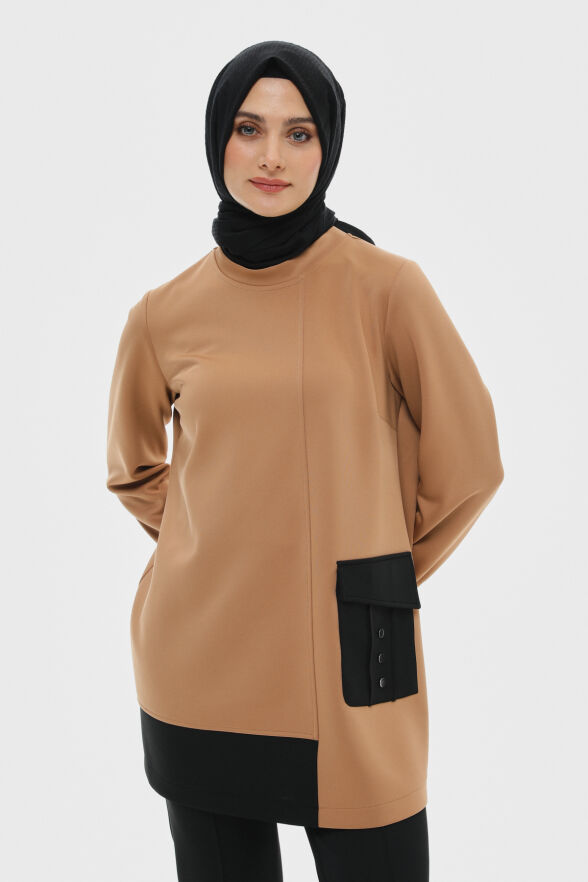 SETRMS CAMEL Çift Renkli Cep Detaylı Scuba Tunik 2514013 - 2