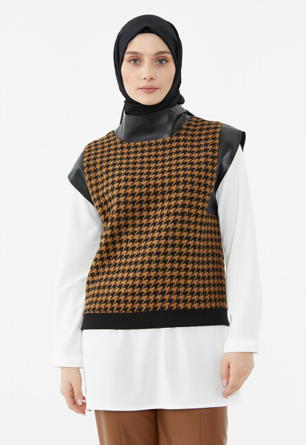 SETRMS CAMEL Kazayağı Desen Deri Mixli Süveter-Tunik Twinset 148147 - SETRMS (1)