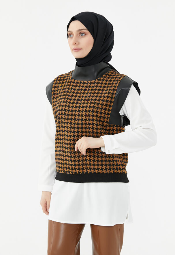 SETRMS CAMEL Kazayağı Desen Deri Mixli Süveter-Tunik Twinset 148147 - 3