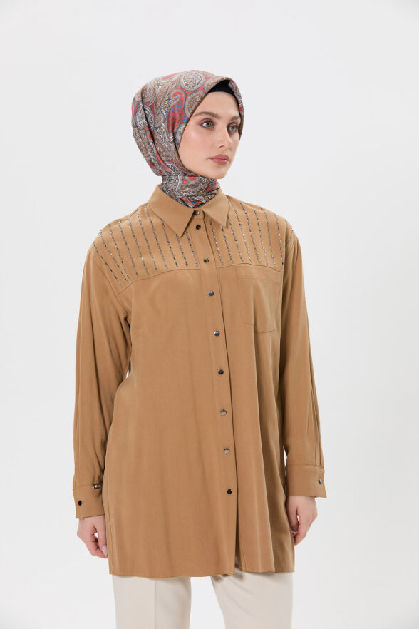 SETRMS CAMEL Taş Detaylı Cepli Tunik 2514123 - 2