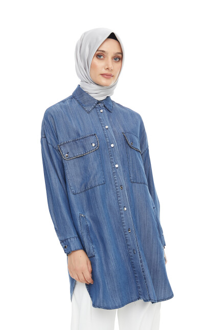 SETRMS LACİVERT Şerit Taş Detaylı Jean Tunik 2424093 - SETRMS (1)