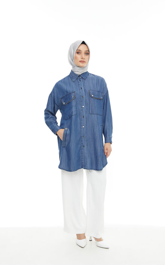 SETRMS LACİVERT Şerit Taş Detaylı Jean Tunik 2424093 - 4