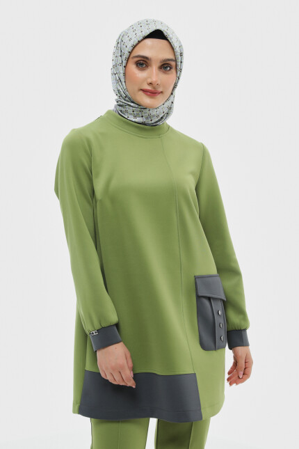 SETRMS OLIVE Çift Renkli Cep Detaylı Scuba Tunik 2514013 - SETRMS (1)