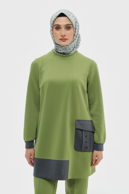 SETRMS OLIVE Çift Renkli Cep Detaylı Scuba Tunik 2514013 - SETRMS