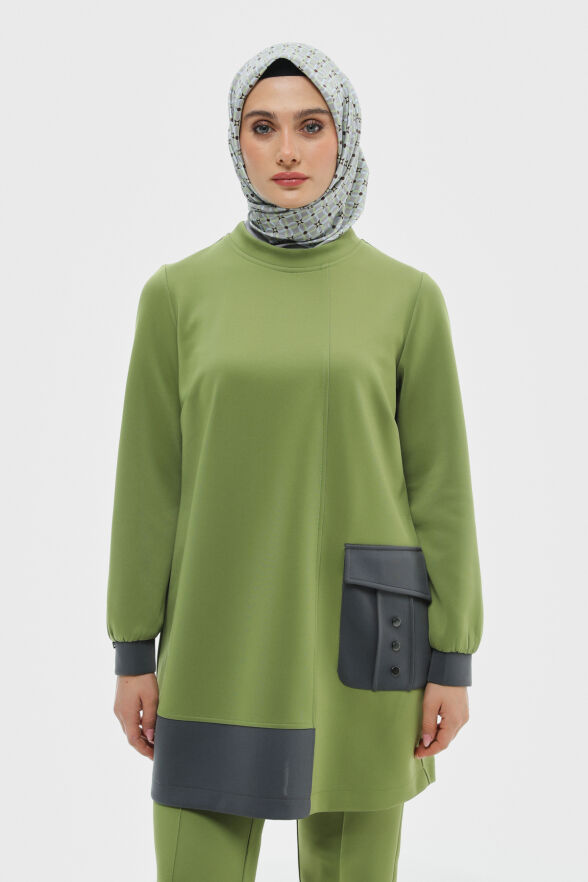 SETRMS OLIVE Çift Renkli Cep Detaylı Scuba Tunik 2514013 - 1