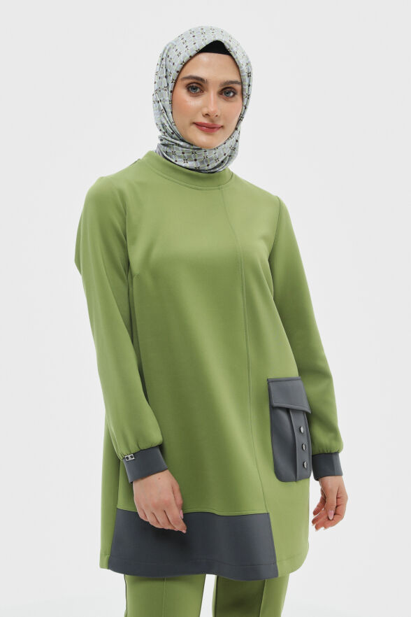 SETRMS OLIVE Çift Renkli Cep Detaylı Scuba Tunik 2514013 - 2