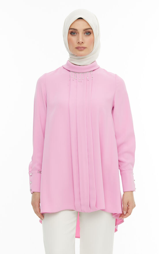 SETRMS PEMBE Katlı Yaka Kolyeli Tunik 2425099 - 3