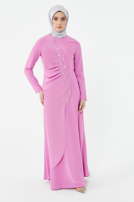 SETRMS PEMBE Taşlı Drape Detaylı Abiye Elbise 24251292325129 - SETRMS (1)