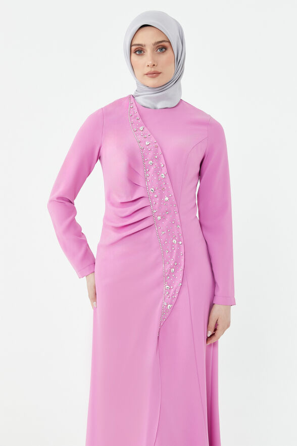 SETRMS PEMBE Taşlı Drape Detaylı Abiye Elbise 24251292325129 - 3