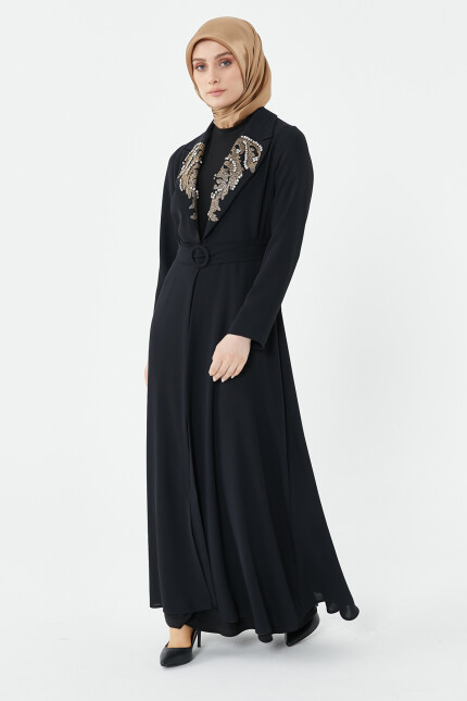 SETRMS SİYAH İşleme Detaylı Kruvaze Yaka Abaya 2322008 - SETRMS