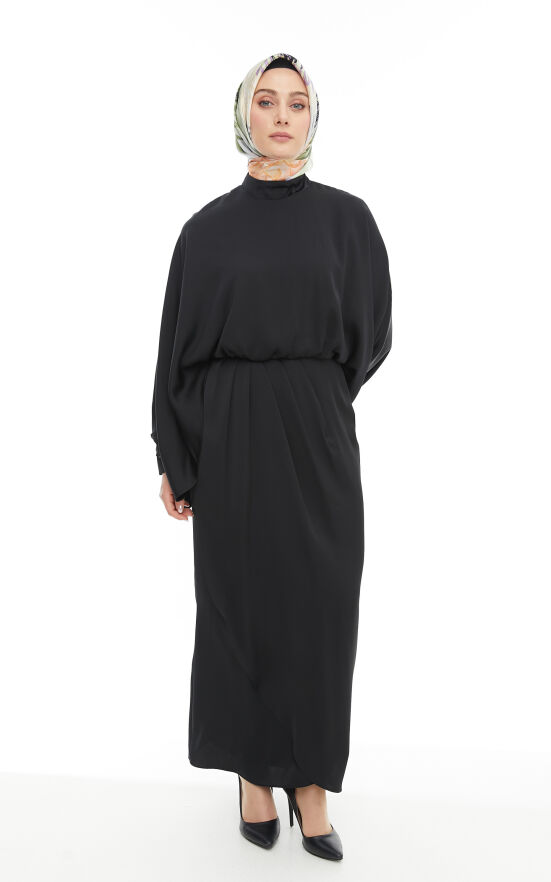 SETRMS SİYAH Drape Detaylı Yarasa Kol Abiye Elbise 2425112 - 2