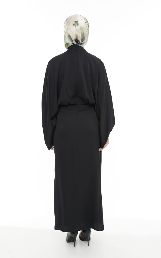 SETRMS SİYAH Drape Detaylı Yarasa Kol Abiye Elbise 2425112 - 6