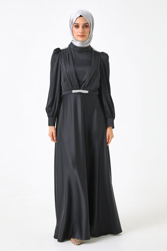 SETRMS SİYAH Drape Detaylı Ve Taşlı Davet Elbise 2512425096 - 1