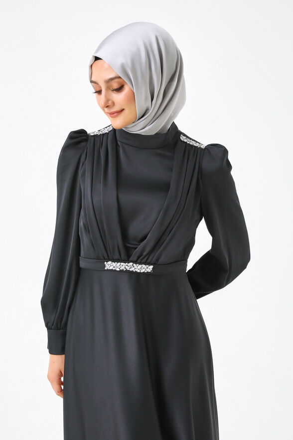 SETRMS SİYAH Drape Detaylı Ve Taşlı Davet Elbise 2512425096 - 4