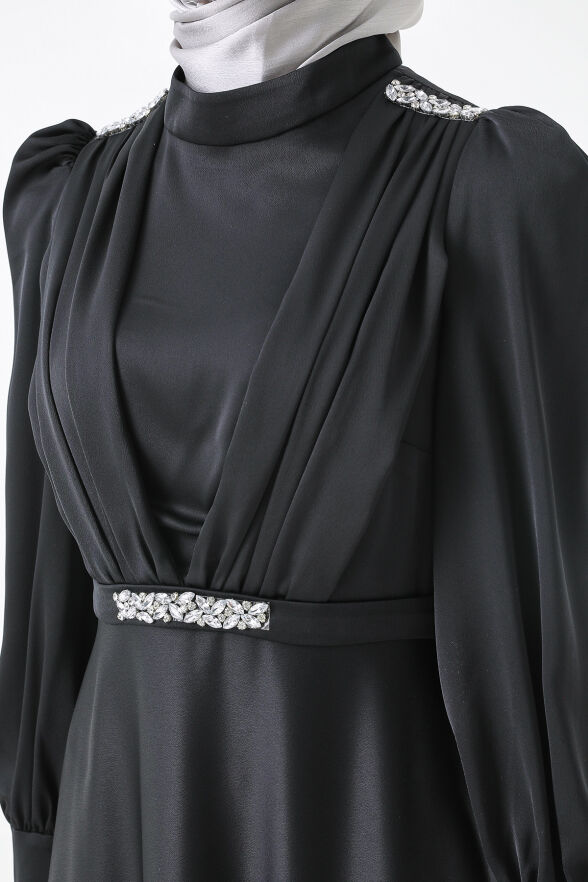 SETRMS SİYAH Drape Detaylı Ve Taşlı Davet Elbise 2512425096 - 5