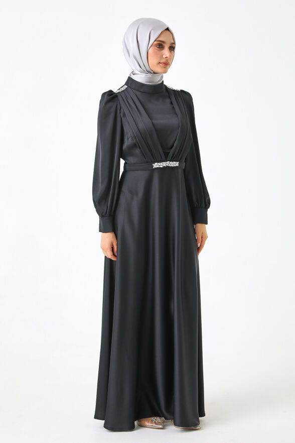 SETRMS SİYAH Drape Detaylı Ve Taşlı Davet Elbise 2512425096 - 2