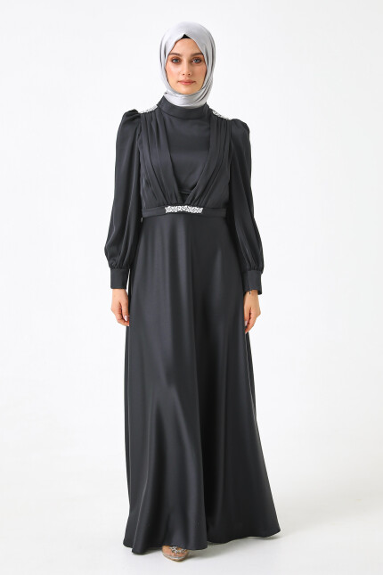 SETRMS SİYAH Drape Detaylı Ve Taşlı Davet Elbise 2512425096 