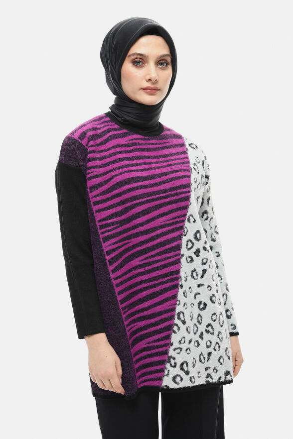 SETRMS SİYAH - FUŞYA Leopar ve Zebra Desenli Triko Tunik 251735024 - 1