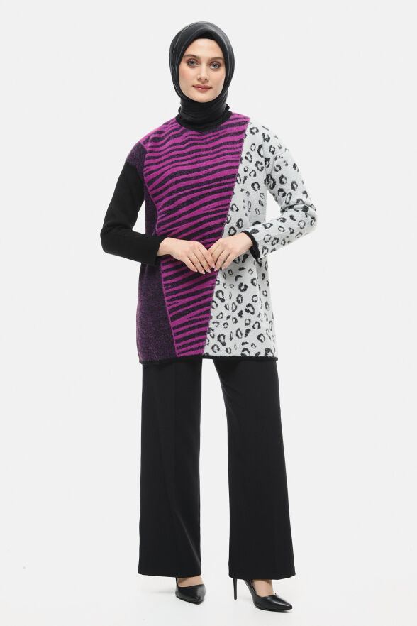 SETRMS SİYAH - FUŞYA Leopar ve Zebra Desenli Triko Tunik 251735024 - 4