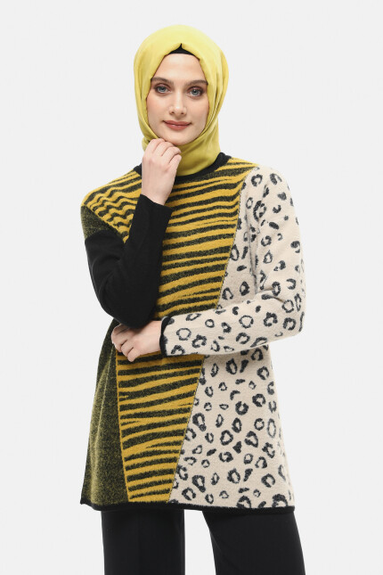 SETRMS SİYAH - SAFRAN Leopar ve Zebra Desenli Triko Tunik 251735024 