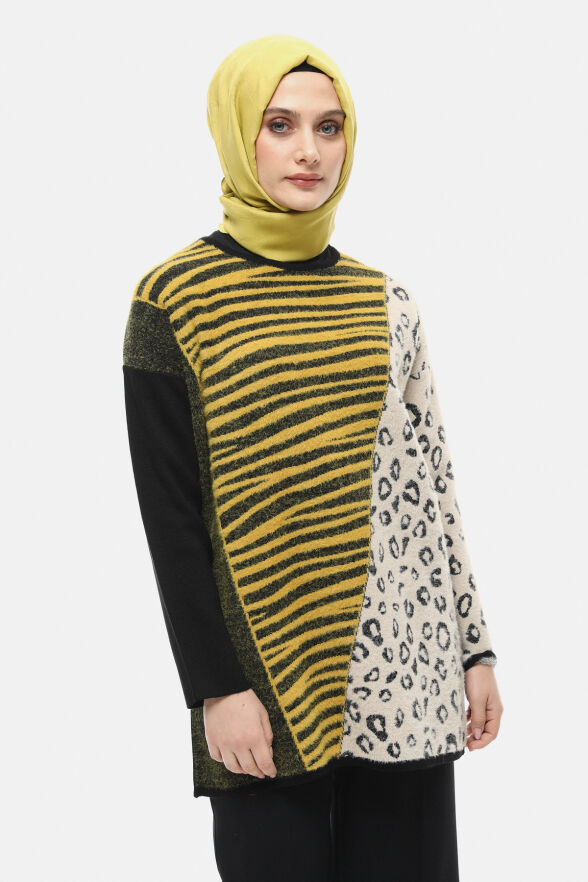 SETRMS SİYAH - SAFRAN Leopar ve Zebra Desenli Triko Tunik 251735024 - 2