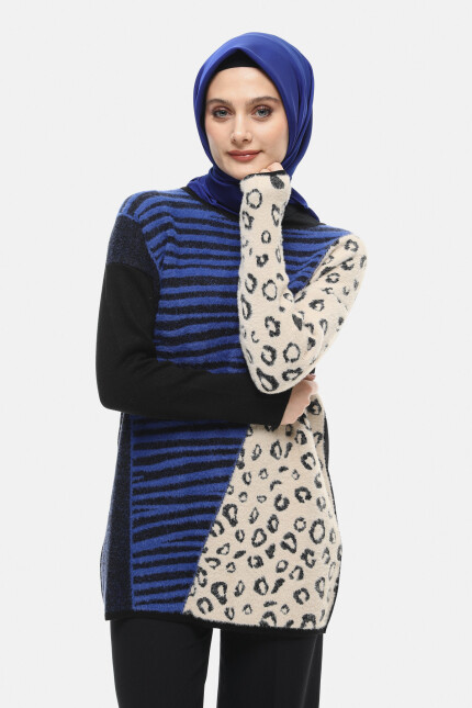 SETRMS SİYAH - SAX Leopar ve Zebra Desenli Triko Tunik 251735024 