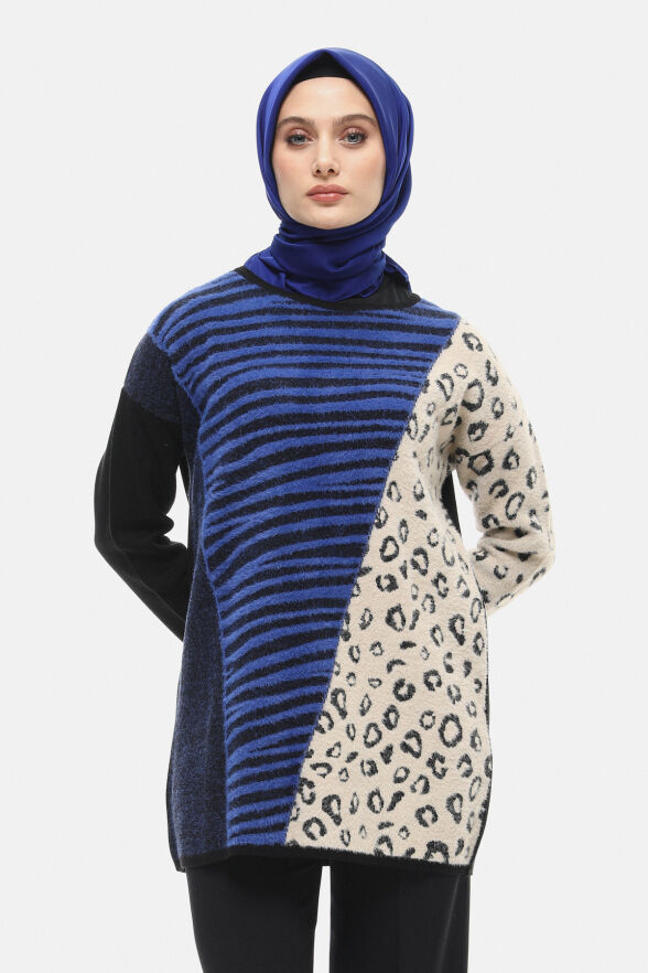 SETRMS SİYAH - SAX Leopar ve Zebra Desenli Triko Tunik 251735024 - 2