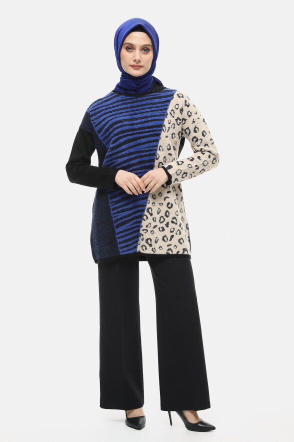 SETRMS SİYAH - SAX Leopar ve Zebra Desenli Triko Tunik 251735024 - 4