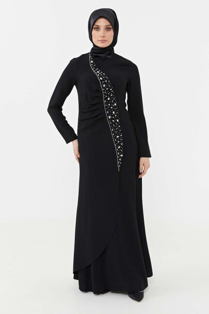 SETRMS SİYAH Taşlı Drape Detaylı Abiye Elbise 24251292325129 - SETRMS (1)